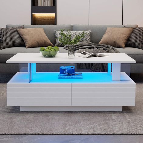 Table basse LED blanche 100 x 50 x 42 cm avec 2 tiroirs, étagère ouverte, éclairage RGB via application et télécommande, acrylique (1/5)
