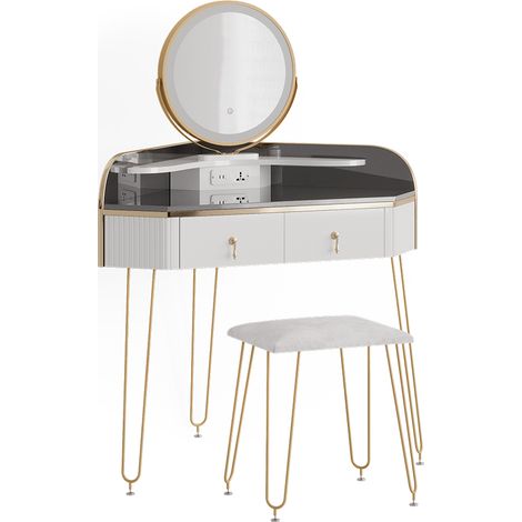 Eckschminktisch Amira, Weiß Hochglanz, 99 cm mit LED Spiegel, Hocker und USB, Vicco (1/5)