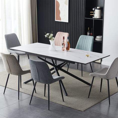 M&S – Table à manger extensible 160/200x90 cm – Plateau en panneaux de particules effet marbre blanc – Piétement en métal entrecroisé – Style contemporain