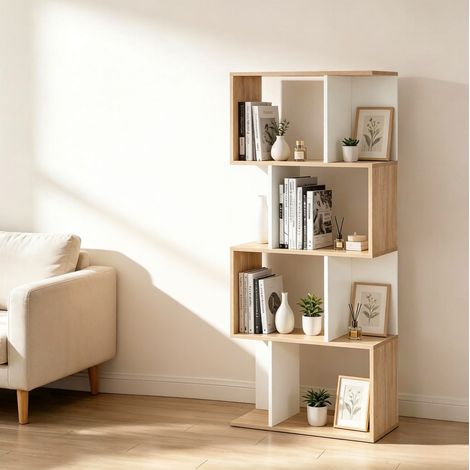 Libreria a S aperta 60 x 24 x 148 cm, separé, legno naturale e bianco DESVIAE (1/5)