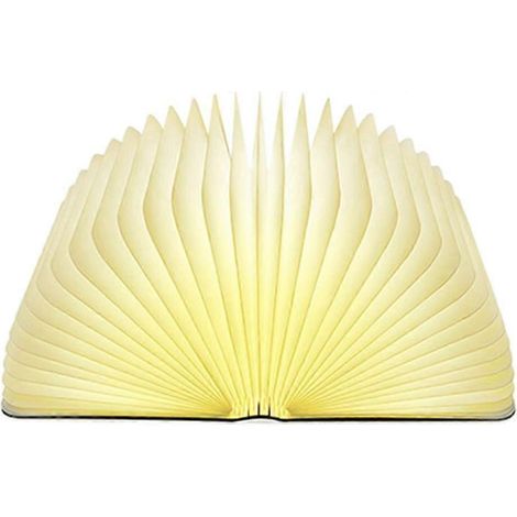 Lampe LED pliable en forme de livre avec couvercle en bois, 500 lumens, rechargeable par USB, peut servir de veilleuse, lampe de lecture, lampe magnétique ou objet décoratif.