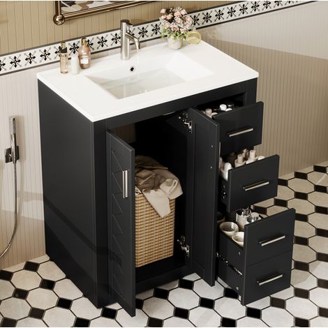 Mobile lavabo a pavimento 76x46,5x85,5 cm con lavabo, 3 cassetti e 2 ante, MDF e ceramica, nero (1/5)