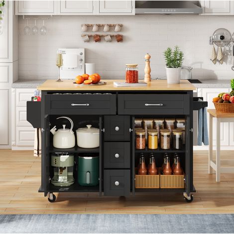 Mobile da cucina con ruote, piano di lavoro ribaltabile, 5 cassetti, nero e naturale DESVIAE (1/5)