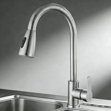 (A) Robinet de cuisine en acier inoxydable à un trou avec bec extractible, mitigeur d'évier, douchette à jet orientable à 360° pour un nettoyage facile. (1/5)