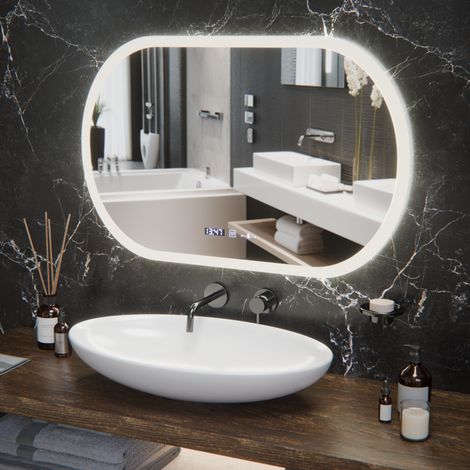 Miroir LED Ovale 80x50 Desembuage Horloge et Thermometre Gradable (1/5)
