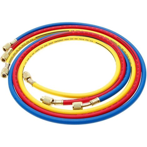 Juego de 3 mangueras de carga de refrigerante para aire acondicionado, tubo de llenado de fluoruro SAE de 1/4 para R134A, kit de herramientas de reparación de mangueras automotrices de 3 colores, tubo (1/5)