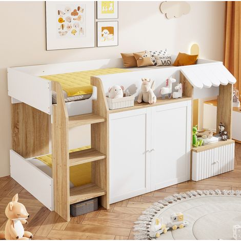 CHICFURN Letto soppalco bambini 90x200 cm in legno bianco con scala e contenitore, senza materasso