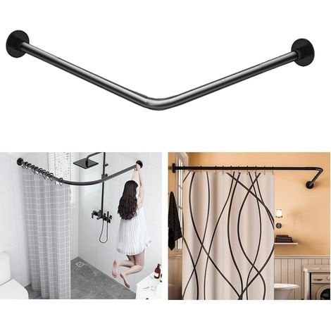 Tringle à rideau de douche extensible en acier inoxydable 304 en forme de L (noir, 60-92 x 60-92 cm), courbée à 90°, installation sans perçage, inoxydable et stable, ne s'affaisse pas, idéale