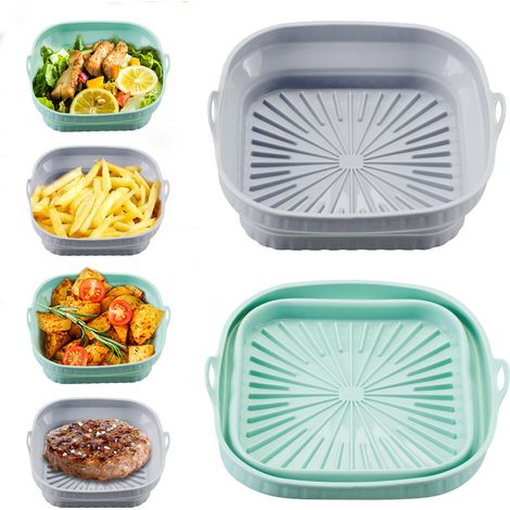 Set di 2 tappetini in silicone per friggitrice ad aria, quadrati da 20 cm, grigi e verdi, facili da pulire, lavabili in lavastoviglie, pieghevoli, in silicone, quadrati