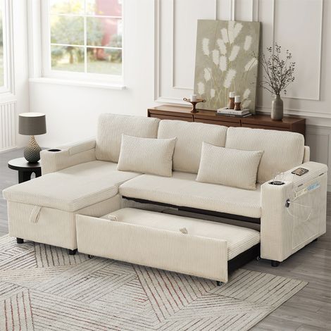3-in-1 L-Shaped Convertible Sofa Bed with Storage & Charging Station – Grey Corduroy Sleeper Sectional with Pull-Out Bed, Armrest Storage & Chaise for Living Room, Bedroom, Office, Beige (1/5)