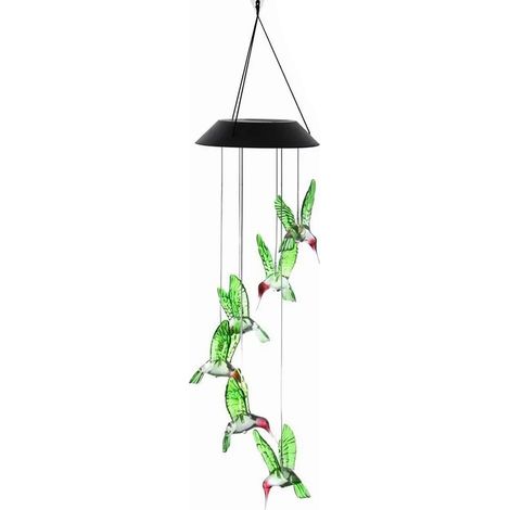Carillon éolien solaire à oiseaux, lumière LED à changement de couleur, coque noire étanche, pour jardin ou balcon, petits oiseaux colorés (1/5)