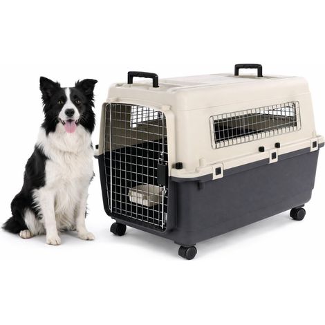 Cage pour Chien - Cage de Transport Chien - Gris foncé - L 57 x 80 x 59,5 cm - Plastique Robuste - Porte métallique - verrou de sécurité - 2 poignées - gamelle Amovible (1/3)