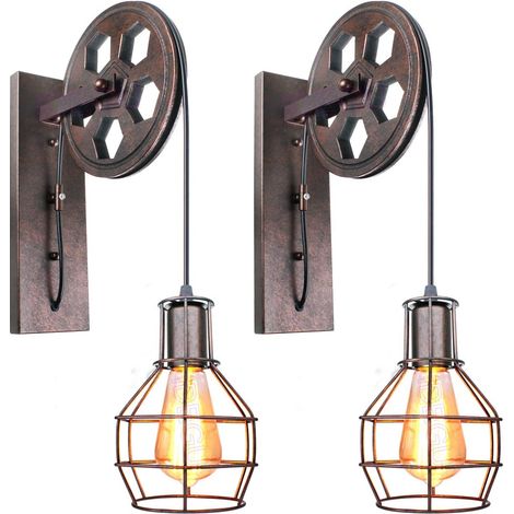 Set of 2 Industrial Wall Lights Vintage Pulley Design Wall Lamp Indoor Retro Adjustable Hanging Light for Bar Bedroom Living Room Restaurant Cafe Corridor – Rust (1/5)