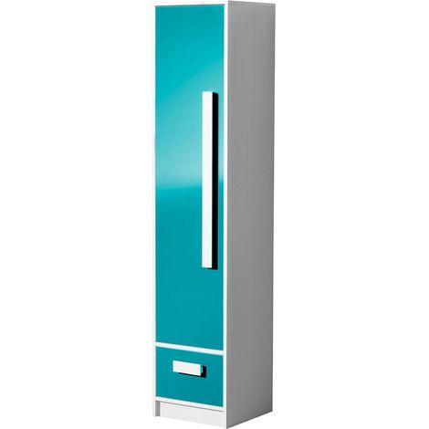 Étagère Merevari 105, Blanc + Brillant Turquoise, Avec des portes, Fermé, Avec tiroirs, Stratifié, Le nombre de portes: 1, Nombre de tiroirs: 1, 191x40x40cm