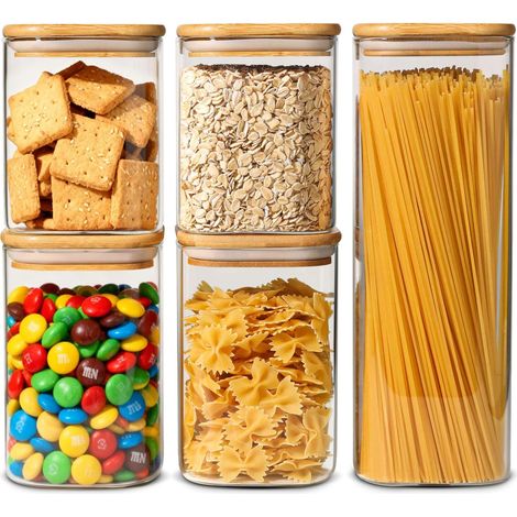 Ensemble de 5 bocaux de conservation en verre avec couvercles - Bouteilles de conservation pour la cuisine - Récipients hermétiques - Conviennent pour le thé, les céréales et les bonbons - Transparent (1/5)