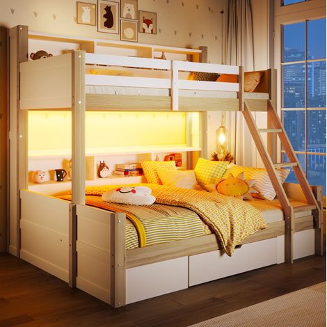 Cama litera infantil 90x200 cm + 140x200 cm, escalera, cajones, LED, blanco y natural (1/5)