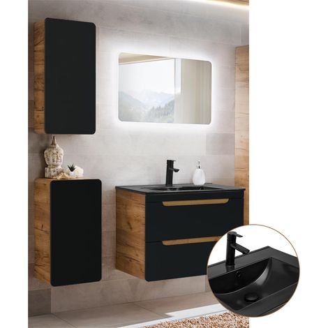 Badmöbel Komplettset in seidenmatt anthrazit mit Wotan Eiche Nb. NEW-LUTON mit 81 cm Keramik-Waschtisch & LED-Spiegel, B/H/T ca. 130/195/46 cm (1/5)