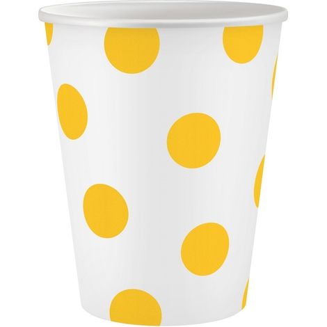 Gobelets en papier blanc à pois jaunes, lot de 6. (1/2)