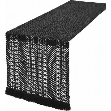 Chemin de table rétro japonais en coton et lin, rayé, Noël, 30 cm de large, 50 à 210 cm de long (la largeur dépend de la couleur x longueur 50 cm, la taille comprend les pompons) - Noir ajouré (36 cm (1/4)