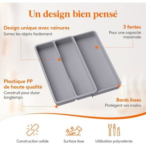Range-couverts extensible, ajustable de 2 à 3 compartiments, dimensions réglables de 22,7 à 36,5 cm pour rangement cuisine (1/5)