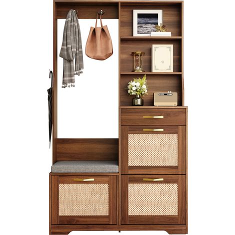 Garderobenschrank mit Sitzbank, Rattan-Front, Schuhschrank, Kleiderhaken & Schubladen (1/5)
