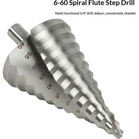 Punta a gradini - Punta a gradini - Punta conica - Punta a gradini - 6-60 mm - 12 gradini - Acciaio rapido - Argento - Gambo rotondo - Scanalatura conica a spirale - Resistente alla ruggine - Adatta p