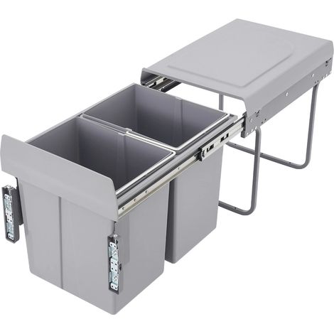 Poubelle double coulissante sous meuble, 40 L Poubelle coulissante sous évier avec couvercle, à installer sous le comptoir, Poubelle de cuisine coulissante pour le recyclage, Gris