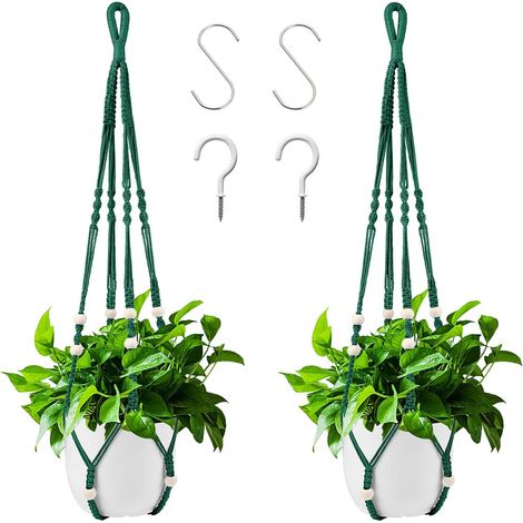 Suspension pour plantes d'intérieur en corde de coton vert foncé, 98 cm, avec perles en bois, pour décoration intérieure, sans crochets, 2 paires (1/5)