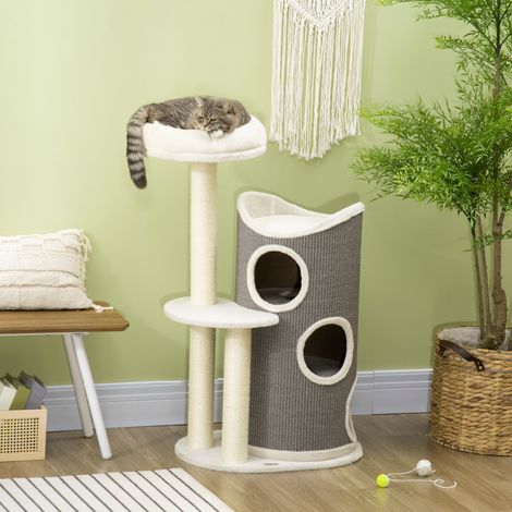 Rascador para gatos de 109 cm con cueva, cama y postes de sisal, blanco gris HAVRYA (1/5)