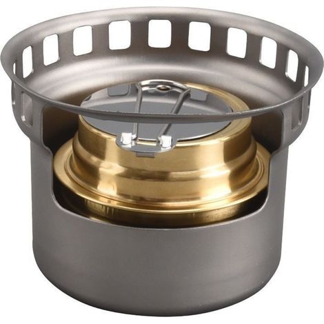 Réchaud à alcool portable, petit modèle en alliage d'aluminium et laiton, coupe-vent, pour camping et pique-nique, gris. (1/4)