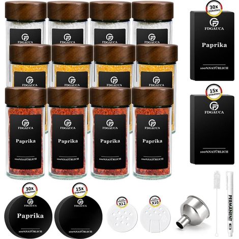 SAEIV Akazienholz Gewürzgläser Set 12 Gewürzdosen 180 Etiketten 100ml Glas (1/5)