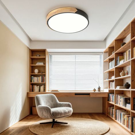 Wolketon LED Deckenleuchte Holz Dimmbar 60W 40cm Deckenlampe Wohnzimmer Schwarz mit Fernbedienung 3000-6000K