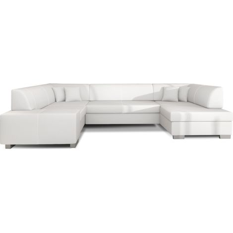 Les Tendances – Canapé panoramique convertible 320 cm en simili cuir blanc – Coffre de rangement à droite – Surface de couchage 125 x 240 cm (1/5)