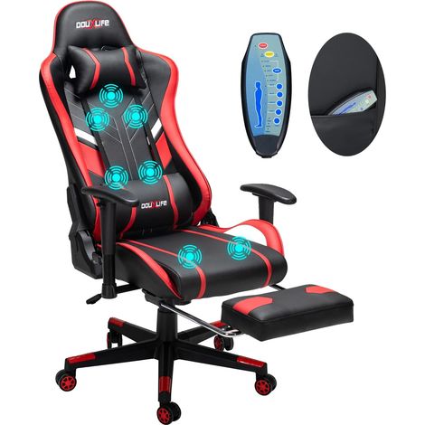 Chaise de jeu, Design ergonomique, Fonction de massage, Noir Rouge (1/2)