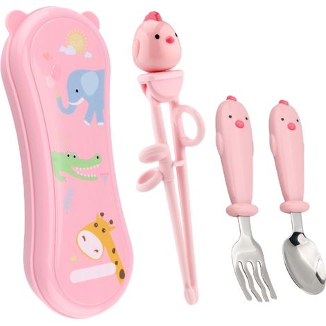 Baguettes Apprentissage Enfants - Couverts Enfant Acier Inoxydable Silicone ABS - Ensemble Cuillère Fourchette Baguettes - 1 Set (1/5)