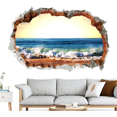 Autocollant Mural Scène De Plage,Stickers Muraux De Plage - Chambre à coucher cassée murale Autocollant Mural adhésif à trous cassés, décoratif, paysage de mer, pour fenêtre, pour salon (1/5)
