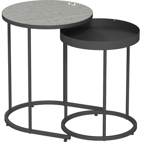 Ensemble de 2 tables basses empilables pour salon, plateau et structure métal gris.