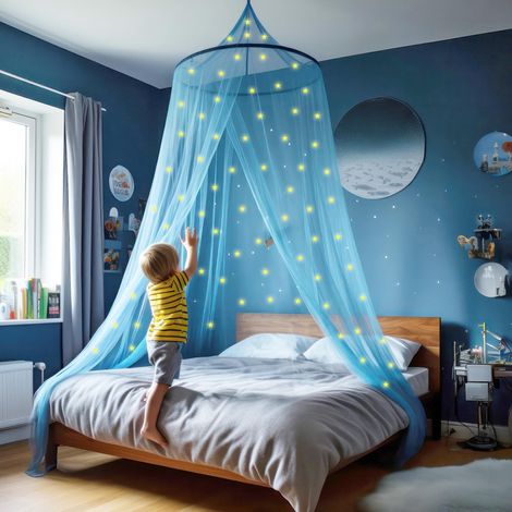 Lit à baldaquin Bleu pour filles avec pré-collés luisant dans les étoiles sombres - Décor de chambre en moustiquaire Princesse (1/5)