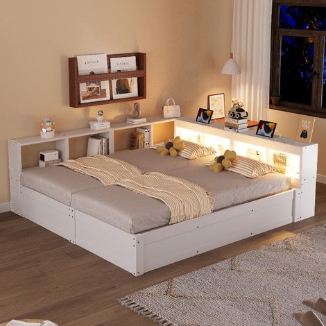 Schlafsofa 90x200 auf 180x200 cm ausziehbar mit Stauraum, integrierter Steckdose und LED-Beleuchtung, hydraulisches Holzbett in Weiß (1/5)
