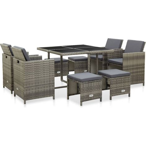 9-tlg. Garten-Essgruppe mit Auflagen Poly Rattan Grau