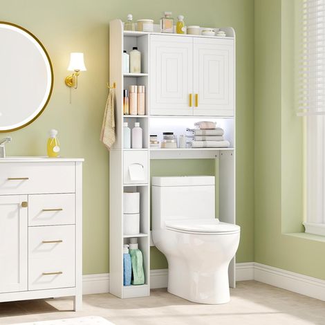 COSTWAY Mobile WC, scaffale da bagno con illuminazione a LED, armadio a 2 ante e 6 scomparti aperti, portarotolo, ripiano regolabile, per bagno, lavanderia (bianco)