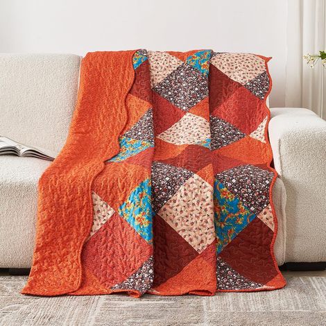 Patchwork Couvre Lit, Dessus de Lit et Couvre Lit 1 Personnes 150x200cm, Boutis Courtepointe Matelassé Réversible Multicouleurs Rose Decoratif pour Chambre (Orange, 150x200cm) (1/5)