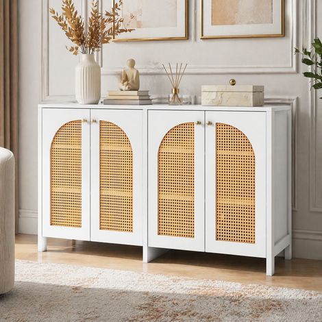 Aparador de 4 puertas 145 x 40 x 80 cm en MDF, aglomerado y PE-ratán blanco DESVIAE (1/5)