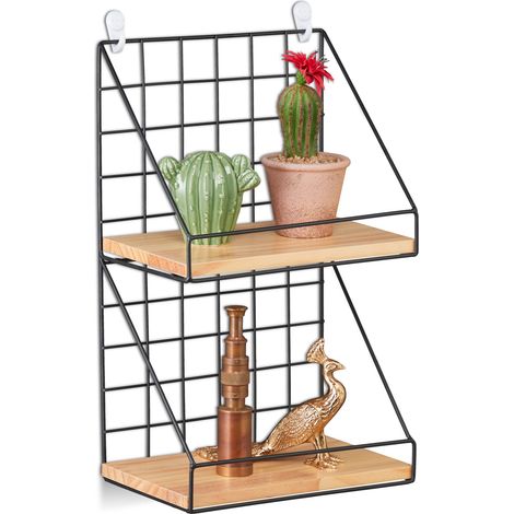 Relaxdays Wandregal, 2 Ablagen, Hängeregal Gitter, HxBxT: 41 x 25 x 16 cm, Industrial, Metall & Holzoptik, schwarz/natur