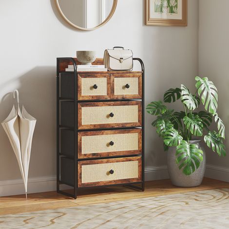Commode Chambre Tiroirs Façades Rotin Cadre Brun Rustique Mobilier Intérieur Acier 58x29x99cm (1/4)