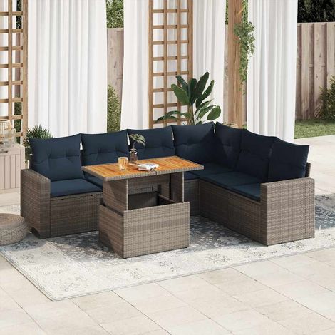 Salon de jardin 6 places en résine tressée gris avec coffre, table réglable et 7 coussins bleu marine (100x55x44/73 cm) (1/5)