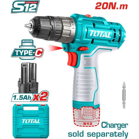 TRAPANO AVVITATORE A BATTERIA 12 V - 20 Nm + 2 BATTERIE 1,5Ah TYPE-C TOTAL