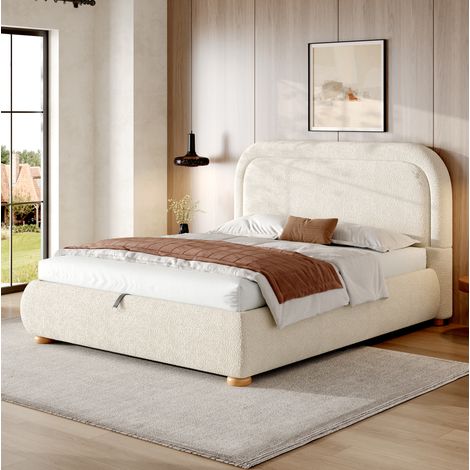 Cama doble 140x190 cm beige en tejido bouclé con almacenaje hidráulico (1/5)
