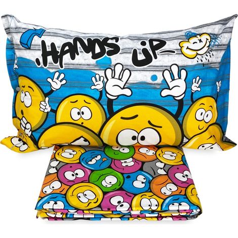 COMPLETO lenzuolo EMOJI Faccine SMILE NEW in Puro cotone Made in Italy Una Piazza