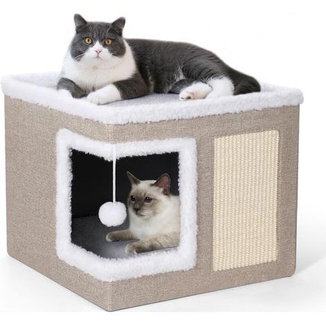 Katzenbett für drinnen, großes Katzendach mit Kratzbaum, faltbare Höhlenbett und Versteckwürfel mit doppelseitigen Kissen, bezauberndes Katzenhaus (1/5)